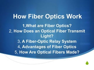 How Fiber Optics Work
        1,What are Fiber Optics?
2, How Does an Optical Fiber Transmit
                 Light?
    3, A Fiber-Optic Relay System
     4, Advantages of Fiber Optics
   5, How Are Optical Fibers Made?

                                        S
 