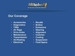 Our Coverage

 •   Accessories    •   Recalls
 •   Diagnostics    •   Brakes
 •   TSBs           •   Emissions
 •   Air Bags       •   Steering
 •   Drive Axles    •   Alignment
 •   Maintenance    •   Clutches
 •   Transmission   •   Cooling
 •   AC/Heating     •   Suspension
 •   Electrical     •   Fluid Specs
 