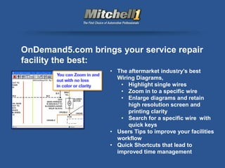 OnDemand5.com brings your service repair
facility the best:
                   • The aftermarket industry's best
                     Wiring Diagrams,
                       • Highlight single wires
                       • Zoom in to a specific wire
                       • Enlarge diagrams and retain
                         high resolution screen and
                         printing clarity
                       • Search for a specific wire with
                         quick keys
                   • Users Tips to improve your facilities
                     workflow
                   • Quick Shortcuts that lead to
                     improved time management
 