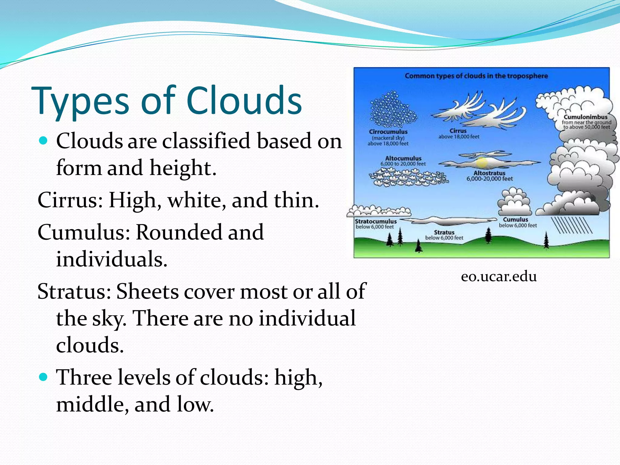 Types of Clouds
 Clouds are classified based on
  form and height.
Cirrus: High, white, and thin.
Cumulus: Rounded and
  individuals.
                                       eo.ucar.edu
Stratus: Sheets cover most or all of
  the sky. There are no individual
  clouds.
 Three levels of clouds: high,
  middle, and low.
 