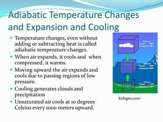 Adiabatic Temperature Changes
and Expansion and Cooling
 Temperature changes, even without
    adding or subtracting heat is called
    adiabatic temperature changes.
   When air expands, it cools and when
    compressed, it warms.
   Moving upward the air expands and
    cools due to passing regions of low
    pressure.
   Cooling generates clouds and
    precipitation
                                           kidsgeo.com
   Unsaturated air cools at 10 degrees
    Celsius every 1000 meters upward.
 