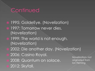  1995: GoldeEye. (Novelization)
 1997: Tomorrow never dies.
  (Novelization)
 1999: The world is not enough.
  (Novelization)
 2002: Die another day. (Novelization)
 2006: Casino Royal.
                                  Novelization- not
 2008: Quantum on solace.        originated from
                                  Ian Fleming
 2012: Skyfall.
 