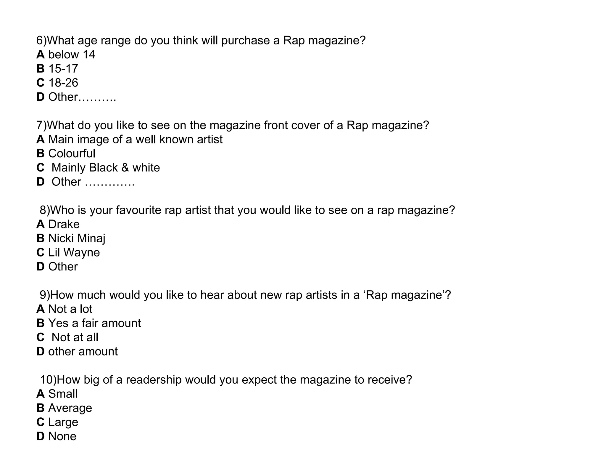 6)What age range do you think will purchase a Rap magazine? A  below 14 B  15-17 C  18-26 D  Other………. 7)What do you like to see on the magazine front cover of a Rap magazine?  A  Main image of a well known artist B  Colourful C   Mainly Black & white D  Other …………. 8)Who is your favourite rap artist that you would like to see on a rap magazine? A  Drake B  Nicki Minaj C  Lil Wayne  D  Other 9)How much would you like to hear about new rap artists in a ‘Rap magazine’? A  Not a lot B  Yes a fair amount C  Not at all  D  other amount  10) How big of a readership would you expect the magazine to receive? A  Small B  Average  C  Large D  None 