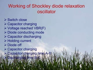 Working of Shockley diode relaxation
               oscillator
 Switch close
 Capacitor charging
 Voltage reached VBR(F)
 Diode conducting mode
 Capacitor discharging
 Holding current
 Diode off
 Capacitor charging
 Capacitor charging time A-B
 Discharging time B-C
 