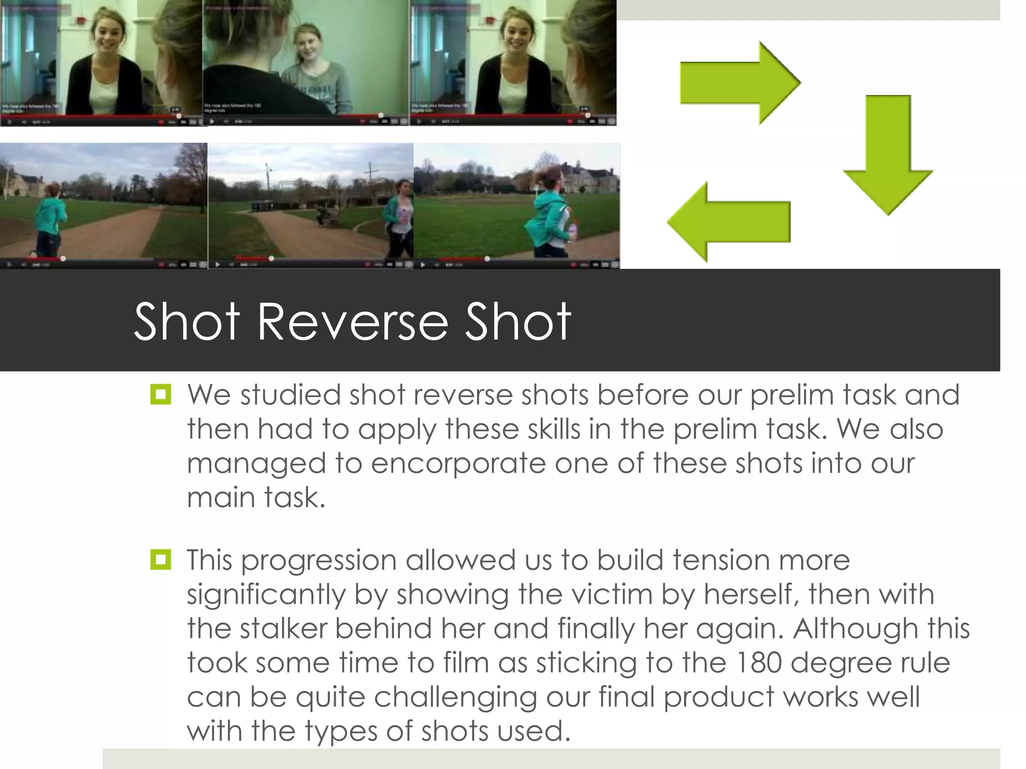 Shot Reverse Shot
 We studied shot reverse shots before our prelim task and
  then had to apply these skills in the prelim task. We also
  managed to encorporate one of these shots into our
  main task.

 This progression allowed us to build tension more
  significantly by showing the victim by herself, then with
  the stalker behind her and finally her again. Although this
  took some time to film as sticking to the 180 degree rule
  can be quite challenging our final product works well
  with the types of shots used.
 