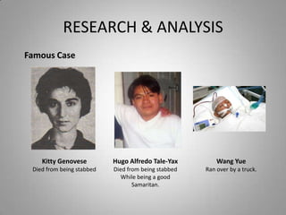 RESEARCH & ANALYSIS
Famous Case




    Kitty Genovese         Hugo Alfredo Tale-Yax         Wang Yue
 Died from being stabbed   Died from being stabbed   Ran over by a truck.
                              While being a good
                                  Samaritan.
 