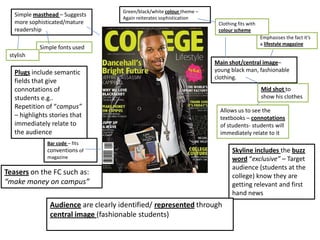 Green/black/white colour theme –
   Simple masthead – Suggests         Again reiterates sophistication
   more sophisticated/mature                                              Clothing fits with
   readership                                                             colour scheme
                                                                                               Emphasises the fact it’s
                                                                                               a lifestyle magazine
            Simple fonts used
 stylish
                                                                         Main shot/central image–
   Plugs include semantic                                                young black man, fashionable
                                                                         clothing.
   fields that give
   connotations of                                                                             Mid shot to
   students e.g..                                                                              show his clothes
   Repetition of “campus”
                                                                           Allows us to see the
   – highlights stories that                                               textbooks – connotations
   immediately relate to                                                   of students- students will
   the audience                                                            immediately relate to it
               Bar code – fits
               conventions of                                                   Skyline includes the buzz
               magazine                                                         word “exclusive” – Target
                                                                                audience (students at the
Teasers on the FC such as:                                                      college) know they are
“make money on campus”                                                          getting relevant and first
                                                                                hand news
                Audience are clearly identified/ represented through
                central image (fashionable students)
 