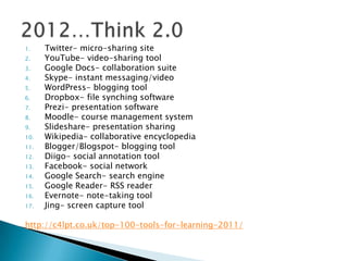 1.    Twitter- micro-sharing site
2.    YouTube- video-sharing tool
3.    Google Docs- collaboration suite
4.    Skype- instant messaging/video
5.    WordPress- blogging tool
6.    Dropbox- file synching software
7.    Prezi- presentation software
8.    Moodle- course management system
9.    Slideshare- presentation sharing
10.   Wikipedia- collaborative encyclopedia
11.   Blogger/Blogspot- blogging tool
12.   Diigo- social annotation tool
13.   Facebook- social network
14.   Google Search- search engine
15.   Google Reader- RSS reader
16.   Evernote- note-taking tool
17.   Jing- screen capture tool

http://c4lpt.co.uk/top-100-tools-for-learning-2011/
 