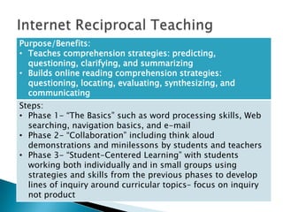 Purpose/Benefits:
• Teaches comprehension strategies: predicting,
  questioning, clarifying, and summarizing
• Builds online reading comprehension strategies:
  questioning, locating, evaluating, synthesizing, and
  communicating
Steps:
• Phase 1- “The Basics” such as word processing skills, Web
  searching, navigation basics, and e-mail
• Phase 2- “Collaboration” including think aloud
  demonstrations and minilessons by students and teachers
• Phase 3- “Student-Centered Learning” with students
  working both individually and in small groups using
  strategies and skills from the previous phases to develop
  lines of inquiry around curricular topics– focus on inquiry
  not product
 