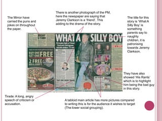 There is another photograph of the PM,
 The Mirror have         here the newspaper are saying that                    The title for this
 carried the puns and    Jeremy Clarkson is a ‘friend’. This                   story is ‘What A
 jokes on throughout     adding to the drama of the story.                     Silly Boy’ is
 the paper.                                                                    something
                                                                               parents say to
                                                                               naughty
                                                                               children, it is
                                                                               patronising
                                                                               towards Jeremy
                                                                               Clarkson.




                                                                            They have also
                                                                            showed ‘His Rants’
                                                                            which is to highlight
                                                                            him being the bad guy
                                                                            in this story.

Tirade: A long, angry
speech of criticism or         A tabloid main article has more pictures compared
accusation.                    to writing this is for the audience it wishes to target
                               (The lower social grouping).
 