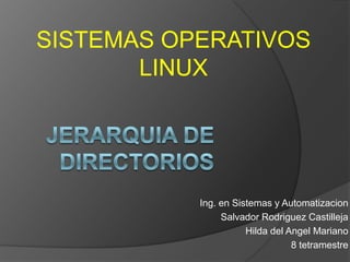 SISTEMAS OPERATIVOS
       LINUX




           Ing. en Sistemas y Automatizacion
                Salvador Rodriguez Castilleja
                      Hilda del Angel Mariano
                                 8 tetramestre
 