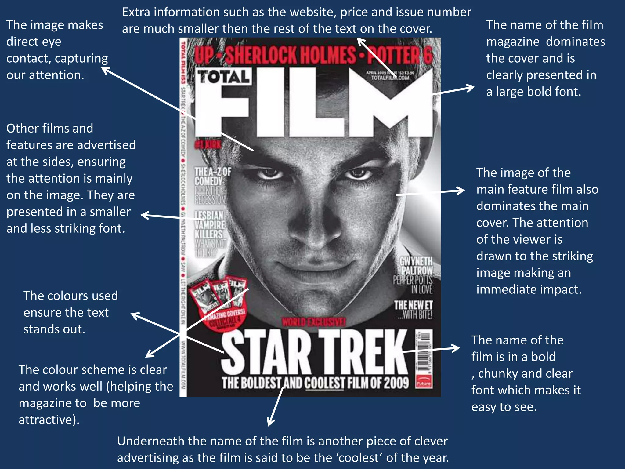Extra information such as the website, price and issue number
The image makes       are much smaller then the rest of the text on the cover.            The name of the film
direct eye                                                                                magazine dominates
contact, capturing                                                                        the cover and is
our attention.                                                                            clearly presented in
                                                                                          a large bold font.

Other films and
features are advertised
at the sides, ensuring
the attention is mainly                                                                 The image of the
on the image. They are                                                                  main feature film also
presented in a smaller                                                                  dominates the main
and less striking font.                                                                 cover. The attention
                                                                                        of the viewer is
                                                                                        drawn to the striking
                                                                                        image making an
   The colours used                                                                     immediate impact.
   ensure the text
   stands out.
                                                                                        The name of the
                                                                                        film is in a bold
  The colour scheme is clear                                                            , chunky and clear
  and works well (helping the                                                           font which makes it
  magazine to be more                                                                   easy to see.
  attractive).
                     Underneath the name of the film is another piece of clever
                     advertising as the film is said to be the ‘coolest’ of the year.
 