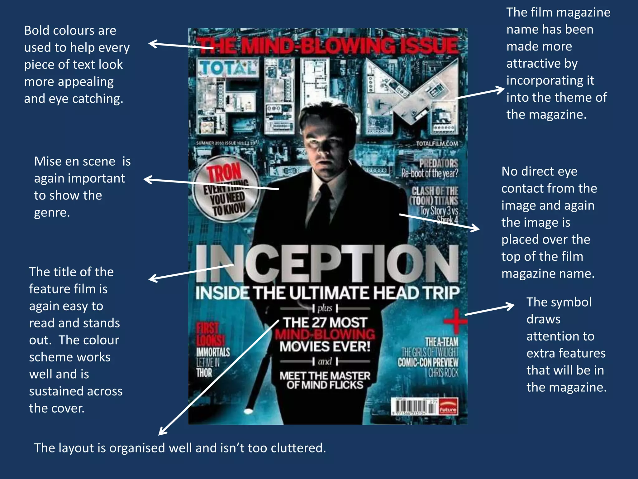 The film magazine
Bold colours are                                         name has been
used to help every                                       made more
piece of text look                                       attractive by
more appealing                                           incorporating it
and eye catching.                                        into the theme of
                                                         the magazine.


 Mise en scene is
 again important                                         No direct eye
 to show the                                             contact from the
 genre.                                                  image and again
                                                         the image is
                                                         placed over the
                                                         top of the film
The title of the                                         magazine name.
feature film is
again easy to                                                The symbol
read and stands                                              draws
out. The colour                                              attention to
scheme works                                                 extra features
well and is                                                  that will be in
sustained across                                             the magazine.
the cover.

 The layout is organised well and isn’t too cluttered.
 