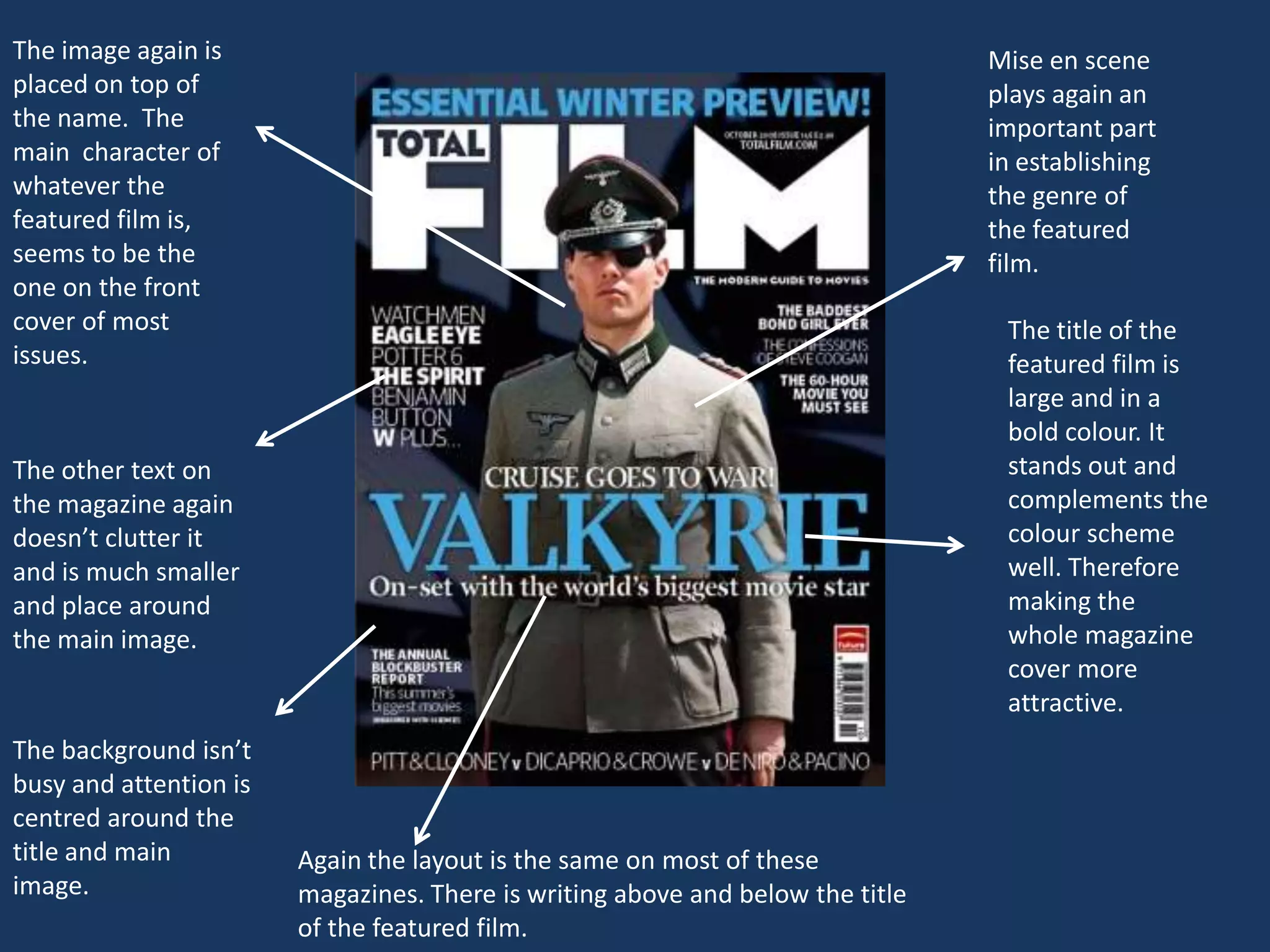 The image again is                                                              Mise en scene
placed on top of                                                                plays again an
the name. The                                                                   important part
main character of                                                               in establishing
whatever the                                                                    the genre of
featured film is,                                                               the featured
seems to be the                                                                 film.
one on the front
cover of most                                                                    The title of the
issues.                                                                          featured film is
                                                                                 large and in a
                                                                                 bold colour. It
The other text on                                                                stands out and
the magazine again                                                               complements the
doesn’t clutter it                                                               colour scheme
and is much smaller                                                              well. Therefore
and place around                                                                 making the
the main image.                                                                  whole magazine
                                                                                 cover more
                                                                                 attractive.
The background isn’t
busy and attention is
centred around the
title and main          Again the layout is the same on most of these
image.                  magazines. There is writing above and below the title
                        of the featured film.
 