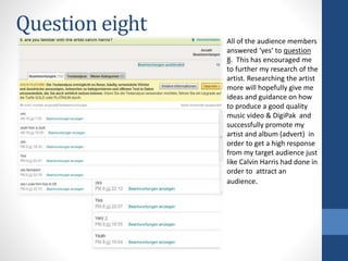 Question eight
All of the audience members
answered ‘yes’ to question
8. This has encouraged me
to further my research of the
artist. Researching the artist
more will hopefully give me
ideas and guidance on how
to produce a good quality
music video & DigiPak and
successfully promote my
artist and album (advert) in
order to get a high response
from my target audience just
like Calvin Harris had done in
order to attract an
audience.
 
