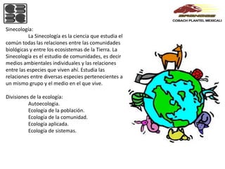 Sinecología:
           La Sinecología es la ciencia que estudia el
común todas las relaciones entre las comunidades
biológicas y entre los ecosistemas de la Tierra. La
Sinecología es el estudio de comunidades, es decir
medios ambientales individuales y las relaciones
entre las especies que viven ahí. Estudia las
relaciones entre diversas especies pertenecientes a
un mismo grupo y el medio en el que vive.

Divisiones de la ecología:
          Autoecologia.
          Ecología de la población.
          Ecología de la comunidad.
          Ecología aplicada.
          Ecología de sistemas.
 