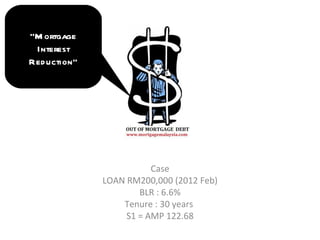 Case LOAN RM200,000 (2012 Feb) BLR : 6.6% Tenure : 30 years  S1 = AMP 122.68 “ Mortgage Interest Reduction” 