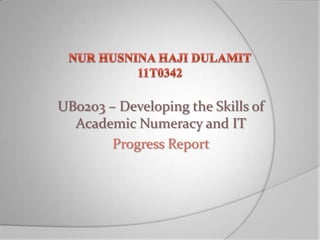 UB0203 – Developing the Skills of
  Academic Numeracy and IT
        Progress Report
 