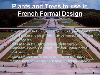 Plants and Trees to use in
French Formal Design
TREES:-
 Trees are planted in straight lines and clipped to keep a
perfect shape and size. They may be formed into shapes
to form topiary.
 Trees used in the Gardens of Versaille were:-
Hornbeam, Beech, Chestnut, Elm and Linden for the
most part.
 Hornbeam and Beech are easy to prune and shape
making them particularly good trees for formal gardens.
 