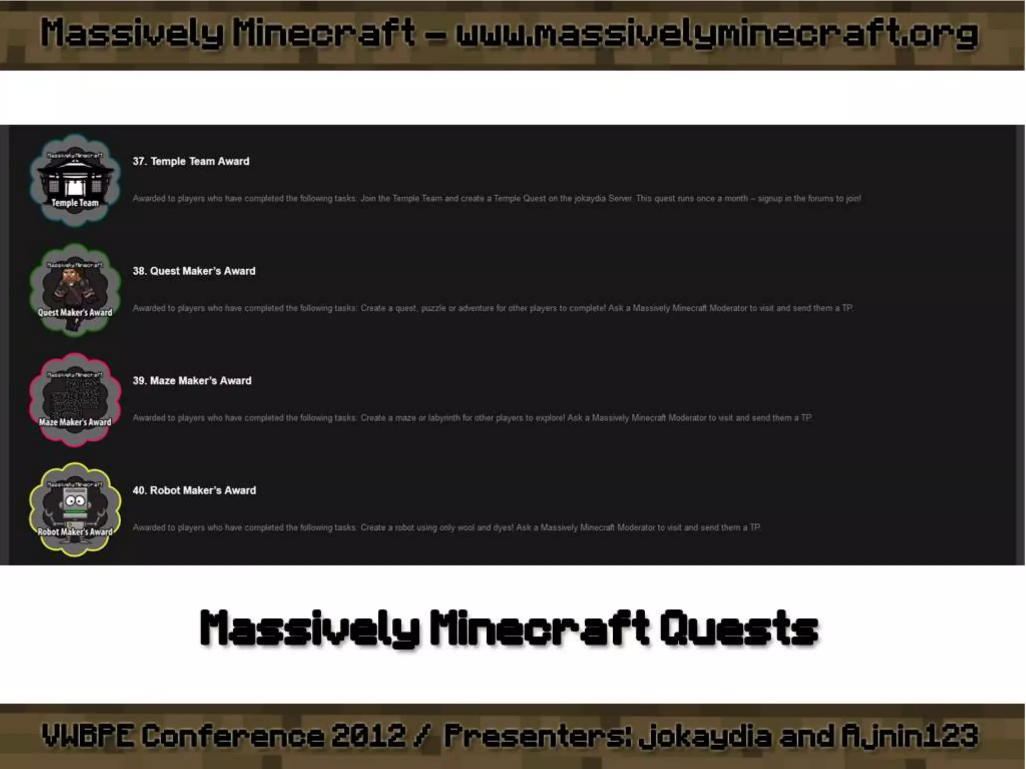 VWBPE 2012 - Massively Minecraft - Learning WITH Little Miners!