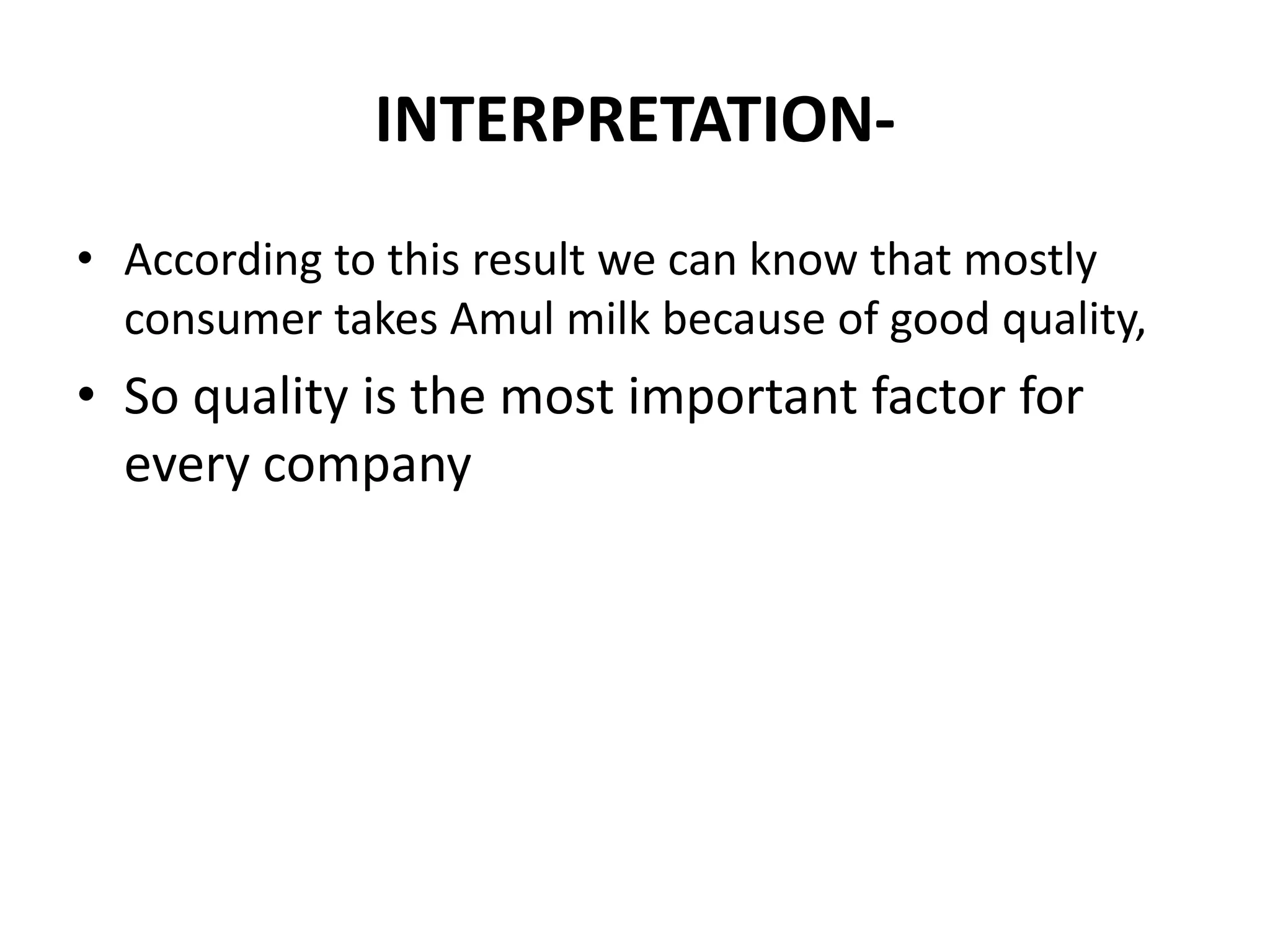 INTERPRETATION-
• According to this result we can know that mostly
  consumer takes Amul milk because of good quality,
• So quality is the most important factor for
  every company
 