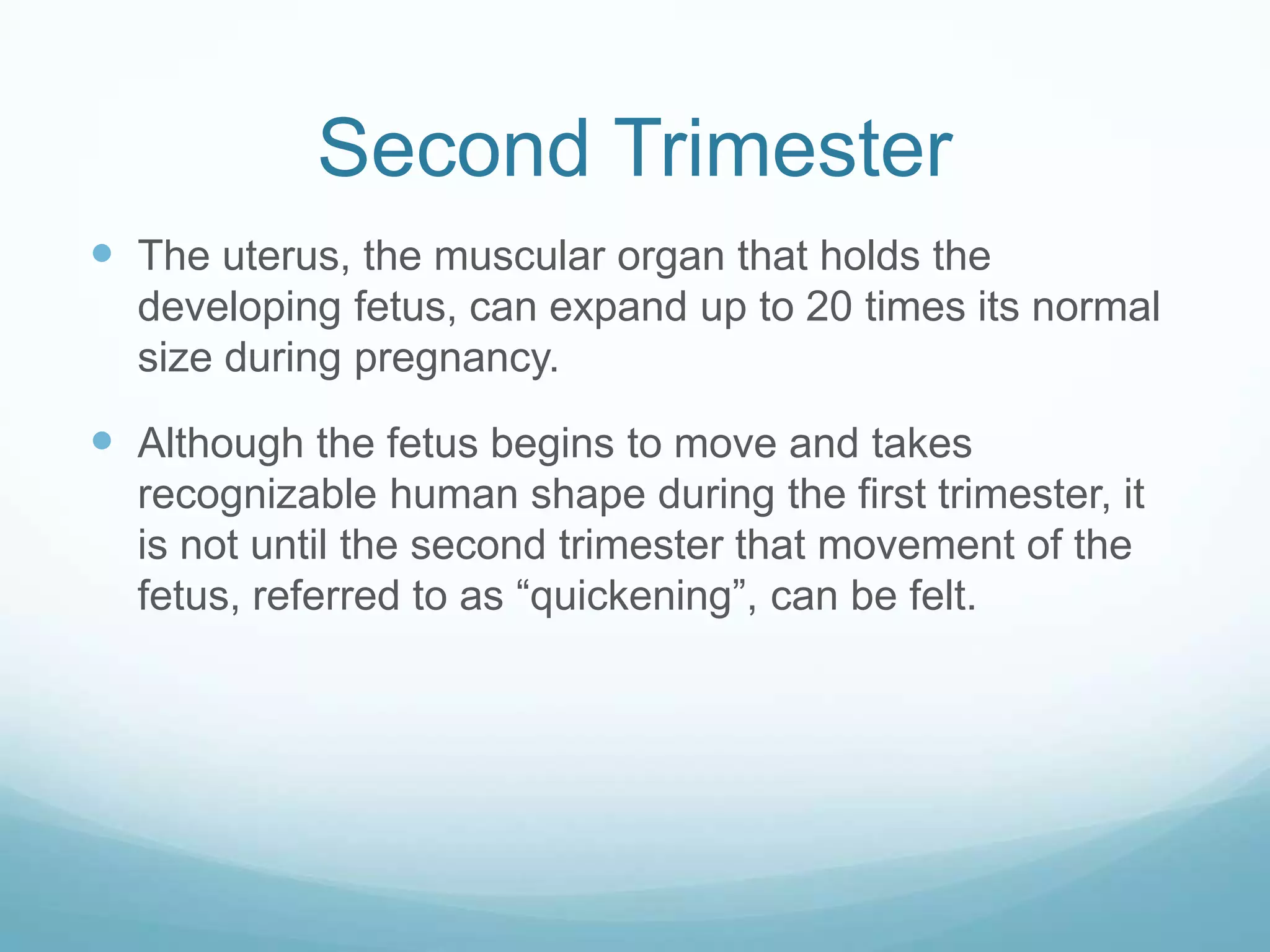 Second Trimester
 The uterus, the muscular organ that holds the
  developing fetus, can expand up to 20 times its normal
  size during pregnancy.

 Although the fetus begins to move and takes
  recognizable human shape during the first trimester, it
  is not until the second trimester that movement of the
  fetus, referred to as “quickening”, can be felt.
 