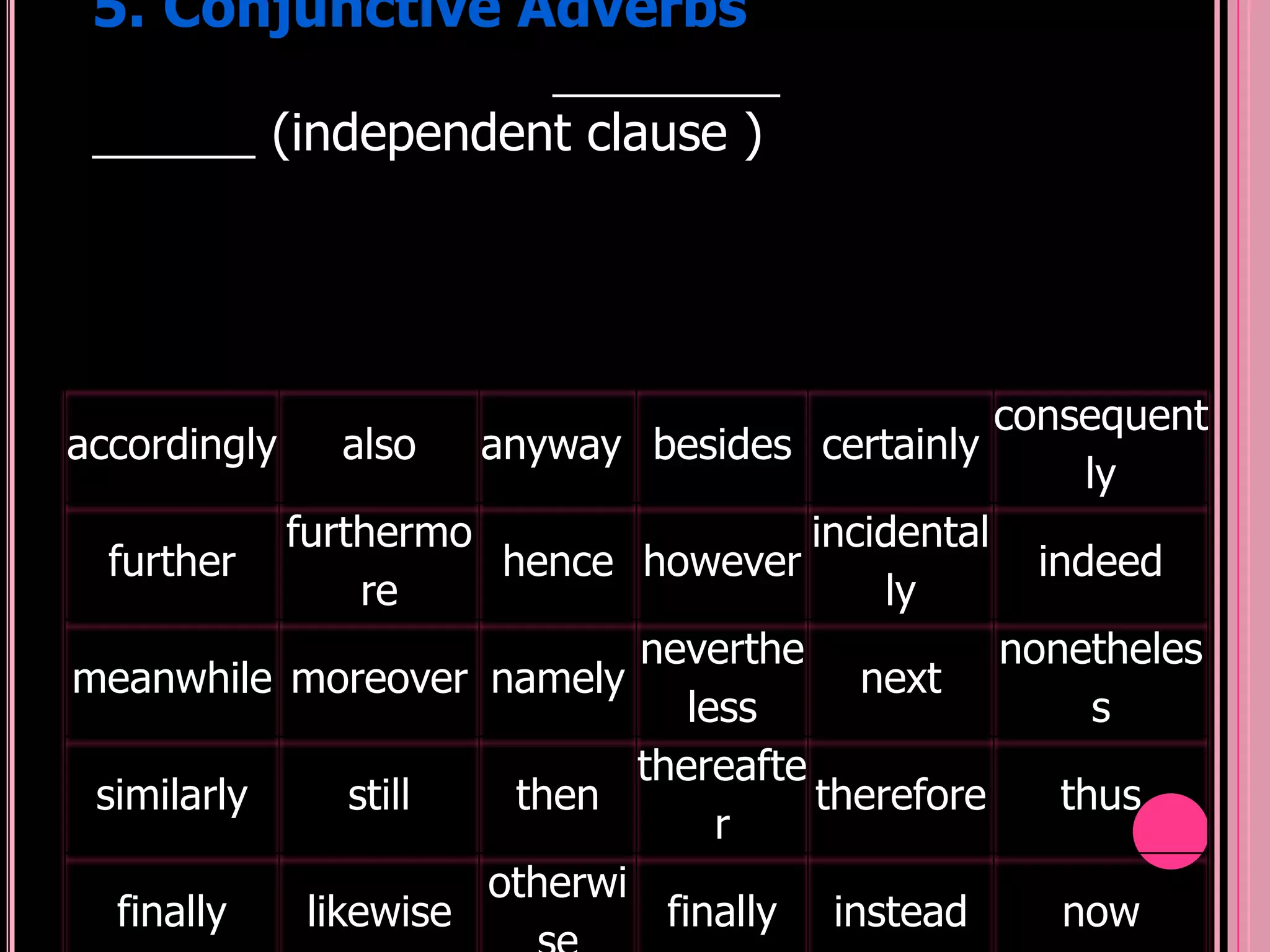 5. Conjunctive Adverbs

          (independent clause )




                                                   consequent
accordingly     also  anyway besides certainly
                                                        ly
            furthermo                   incidental
  further              hence however                 indeed
                 re                         ly
                              neverthe             nonetheles
meanwhile moreover namely                  next
                                  less                   s
                              thereafte
 similarly      still   then            therefore      thus
                                    r
                      otherwi
   finally   likewise           finally instead        now
 