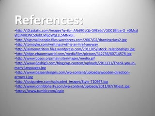References:
•http://t0.gstatic.com/images?q=tbn:ANd9GcQJrG9Es6dVGD01BIbarO_y0Mcd
ytCiMIICWCS9obtJxf6pWqELLSMNkBI_
•http://bigsmallpeople.files.wordpress.com/2007/02/drawingclass2.jpg
•http://tomayko.com/writings/wtf-is-an-href-anyway
•http://jaimenutrition.files.wordpress.com/2011/05/istock_relationships.jpg
•http://edge.ebaumsworld.com/mediaFiles/picture/342756/80714578.jpg
•http://www.bpsos.org/mainsite/images/media.gif
•http://www.6psbig3.com/blog/wp-content/uploads/2011/11/Thank-you-in-
many-languages.jpg
•http://www.bazaardesigns.com/wp-content/uploads/wooden-direction-
arrows1.jpg
•http://lostgarden.com/uploaded_images/Style-710947.jpg
•http://www.johnfdoherty.com/wp-content/uploads/2011/07/Titles1.jpg
•https://www.tumblr.com/login
 