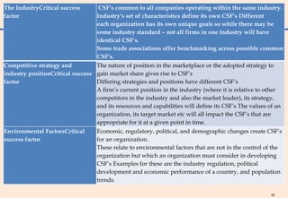 The IndustryCritical success        CSF’s common to all companies operating within the same industry.
factor                             Industry’s set of characteristics define its own CSF’s Different
                                   each organization has its own unique goals so while there may be
                                   some industry standard – not all firms in one industry will have
                                   identical CSF’s.
                                   Some trade associations offer benchmarking across possible common
                                   CSF’s.
Competitive strategy and          The nature of position in the marketplace or the adopted strategy to
industry positionCritical success gain market share gives rise to CSF’s
factor                            Differing strategies and positions have different CSF’s
                                  A firm’s current position in the industry (where it is relative to other
                                  competitors in the industry and also the market leader), its strategy,
                                  and its resources and capabilities will define its CSF’s The values of an
                                  organization, its target market etc will all impact the CSF’s that are
                                  appropriate for it at a given point in time.
Environmental FactorsCritical      Economic, regulatory, political, and demographic changes create CSF’s
success factor                     for an organization.
                                   These relate to environmental factors that are not in the control of the
                                   organization but which an organization must consider in developing
                                   CSF’s Examples for these are the industry regulation, political
                                   development and economic performance of a country, and population
                                   trends.

                                                                                                       32
 