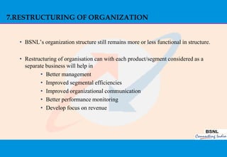 7.RESTRUCTURING OF ORGANIZATION


  • BSNL‟s organization structure still remains more or less functional in structure.

  • Restructuring of organisation can with each product/segment considered as a
    separate business will help in
           • Better management
           • Improved segmental efficiencies
           • Improved organizational communication
           • Better performance monitoring
           • Develop focus on revenue




                                                                                        44
 