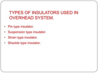 TYPES OF INSULATORS USED IN
   OVERHEAD SYSTEM.
• Pin type insulator.
• Suspension type insulator.
• Strain type insulator.
• Shackle type insulator.
 