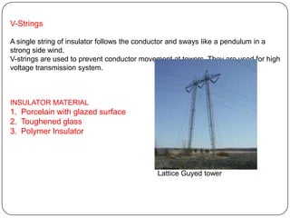 V-Strings

A single string of insulator follows the conductor and sways like a pendulum in a
strong side wind.
V-strings are used to prevent conductor movement at towers. They are used for high
voltage transmission system.



INSULATOR MATERIAL
1. Porcelain with glazed surface
2. Toughened glass
3. Polymer Insulator




                                            Lattice Guyed tower
 