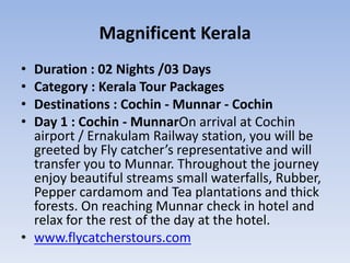 Magnificent Kerala
• Duration : 02 Nights /03 Days
• Category : Kerala Tour Packages
• Destinations : Cochin - Munnar - Cochin
• Day 1 : Cochin - MunnarOn arrival at Cochin
  airport / Ernakulam Railway station, you will be
  greeted by Fly catcher’s representative and will
  transfer you to Munnar. Throughout the journey
  enjoy beautiful streams small waterfalls, Rubber,
  Pepper cardamom and Tea plantations and thick
  forests. On reaching Munnar check in hotel and
  relax for the rest of the day at the hotel.
• www.flycatcherstours.com
 