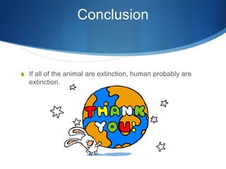 Conclusion


S If all of the animal are extinction, human probably are
  extinction.
 