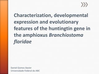 Characterization, developmental
  expression and evolutionary
  features of the huntingtin gene in
  the amphioxus Branchiostoma
  floridae



Daniel Gomes Xavier
Universidade Federal do ABC
 