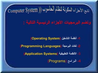 ‫وتضم البرمجيات الجزاء الرئيسية التالية :‬


      ‫1- أنظمة التشغيل )‪(Operating System‬‬

‫2- لغات البرمجة )‪(Programming Languages‬‬

  ‫3- النظمة التطبيقية )‪(Application Systems‬‬

                   ‫4- البرامج )‪(Programs‬‬
 