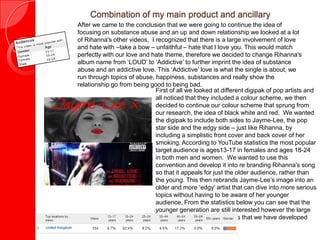 Combination of my main product and ancillary
After we came to the conclusion that we were going to continue the idea of
focusing on substance abuse and an up and down relationship we looked at a lot
of Rihanna's other videos, I recognized that there is a large involvement of love
and hate with –take a bow – unfaithful – hate that I love you. This would match
perfectly with our love and hate theme, therefore we decided to change Rihanna's
album name from ‘LOUD’ to ‘Addictive’ to further imprint the idea of substance
abuse and an addictive love. This ‘Addictive’ love is what the single is about, we
run through topics of abuse, happiness, substances and really show the
relationship go from being good to being bad.
First of all we looked at different digipak of pop artists and
all noticed that they included a colour scheme, we then
decided to continue our colour scheme that sprung from
our research, the idea of black white and red. We wanted
the digipak to include both sides to Jayme-Lee, the pop
star side and the edgy side – just like Rihanna, by
including a simplistic front cover and back cover of her
smoking. According to YouTube statistics the most popular
target audience is ages13-17 in females and ages 18-24
in both men and women. We wanted to use this
convention and develop it into re branding Rihanna's song
so that it appeals for just the older audience, rather than
the young. This then rebrands Jayme-Lee’s image into an
older and more ‘edgy’ artist that can dive into more serious
topics without having to be aware of her younger
audience. From the statistics below you can see that the
younger generation are still interested however the large
decrease in numbers suggests that we have developed
the convention successfully.
 