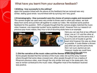 What have you learnt from your audience feedback?
3)|Editing - how successful is the editing?
again this question linked with the above so the feedback that we recieved was very similar,
stating 'good shots / sound linked with lip syncing' and 'very good'.
4)Cinematography - How successful were the choice of camera angles and movement?
The camera angles we used were very similar to those used in other pop videos, we took
ideas from some and put them all together to create our video. We recieved some positive
feedback for this question, 100% of people thought that the camera angles matched the music
video however, one responder quoted 'some repetitive shots'. However from our research on
previous pop music videos, they incur a lot of recurring shots here is an example
1.58 2.14
Here you can see that at two different
times, one at 1.51 and the other at
2.14, they both use the same shot, I
found it a bit of trouble to get the
exact shot however this was as close
as possible. If Justin Bieber a Known
pop artist can use the same shots
then I am sure Jayme-Lee can.
However maybe we could have
varied the shots a bit more
5) Did the narrative of the music video suit the themes of the song overall?
Some people decided that the narrative of the music video did suit the song, however
others thought that some ideas crossed over, other people thought of it as a replica of
Rihanna's previous video, even though the only similar shot was in the skate park, this
was to remain contextual to the music video. Altogether most of the feedback received
was positive.
 