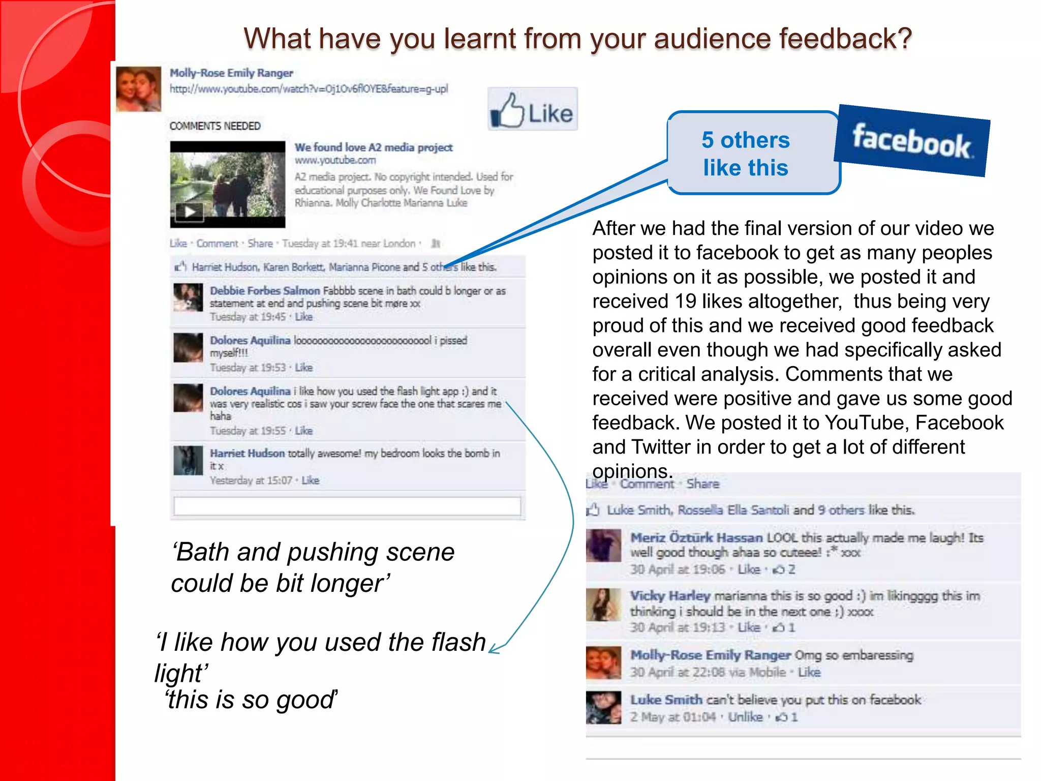 What have you learnt from your audience feedback?


                                            5 others
                                            like this

                                 After we had the final version of our video we
                                 posted it to facebook to get as many peoples
                                 opinions on it as possible, we posted it and
                                 received 19 likes altogether, thus being very
                                 proud of this and we received good feedback
                                 overall even though we had specifically asked
                                 for a critical analysis. Comments that we
                                 received were positive and gave us some good
                                 feedback. We posted it to YouTube, Facebook
                                 and Twitter in order to get a lot of different
                                 opinions.



 ‘Bath and pushing scene
 could be bit longer’

‘I like how you used the flash
light’
 ‘this is so good’
 