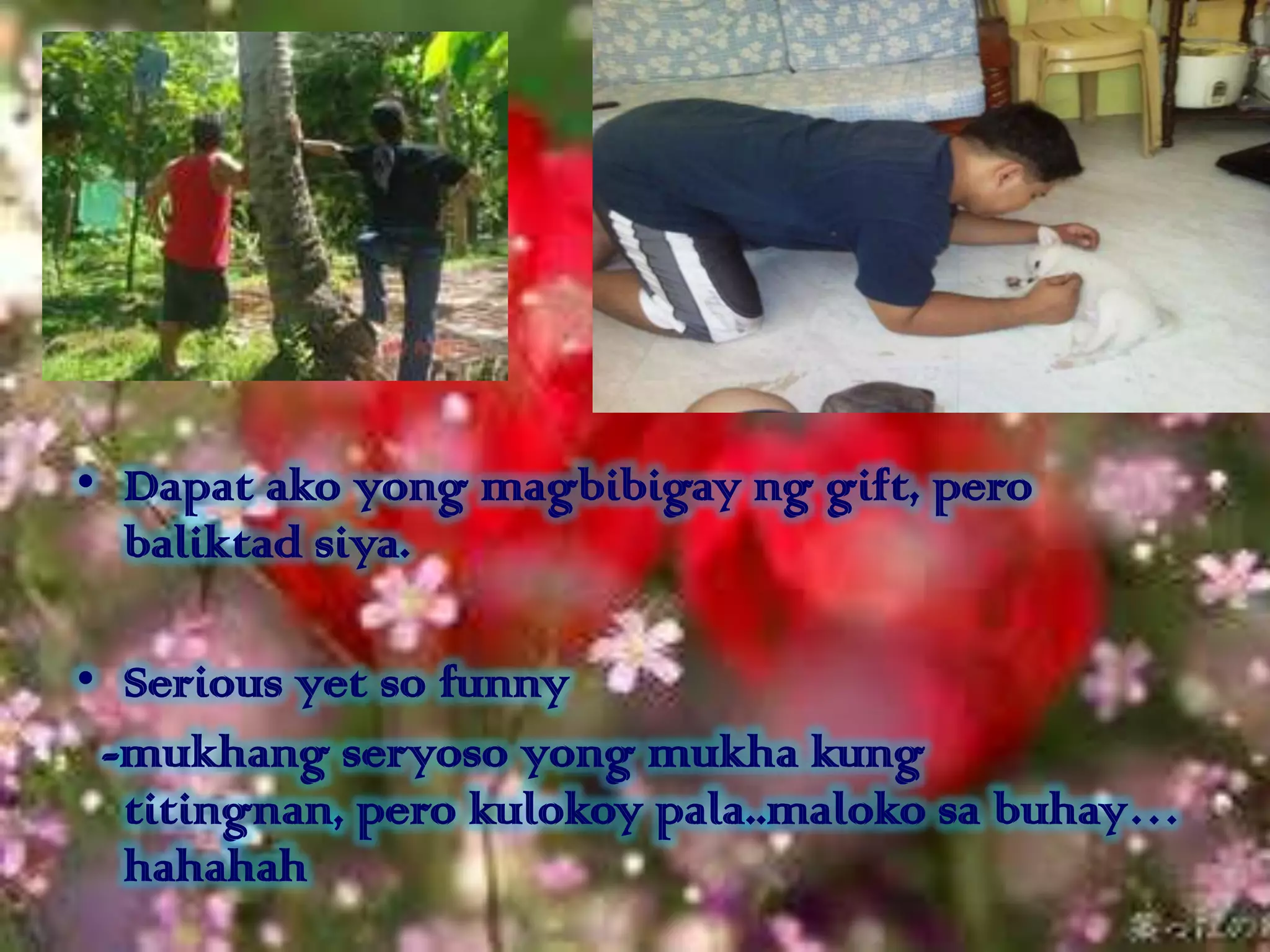 • Dapat ako yong magbibigay ng gift, pero
  baliktad siya.

• Serious yet so funny
 -mukhang seryoso yong mukha kung
  titingnan, pero kulokoy pala..maloko sa buhay…
  hahahah
 