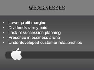 Weaknesses

•   Lower profit margins
•   Dividends rarely paid
•   Lack of succession planning
•   Presence in business arena
•   Underdeveloped customer relationships
 