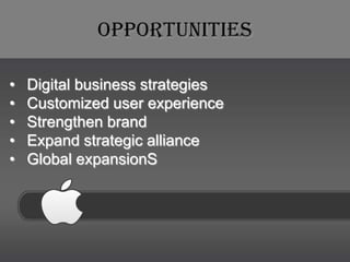 Opportunities

•   Digital business strategies
•   Customized user experience
•   Strengthen brand
•   Expand strategic alliance
•   Global expansionS
 
