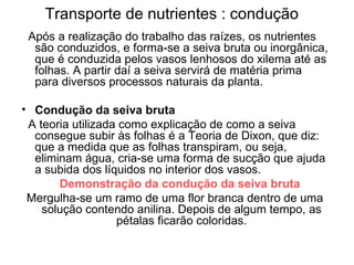 Transporte de nutrientes : condução
 Após a realização do trabalho das raízes, os nutrientes
  são conduzidos, e forma-se a seiva bruta ou inorgânica,
  que é conduzida pelos vasos lenhosos do xilema até as
  folhas. A partir daí a seiva servirá de matéria prima
  para diversos processos naturais da planta.

• Condução da seiva bruta
 A teoria utilizada como explicação de como a seiva
  consegue subir às folhas é a Teoria de Dixon, que diz:
  que a medida que as folhas transpiram, ou seja,
  eliminam água, cria-se uma forma de sucção que ajuda
  a subida dos líquidos no interior dos vasos.
       Demonstração da condução da seiva bruta
 Mergulha-se um ramo de uma flor branca dentro de uma
    solução contendo anilina. Depois de algum tempo, as
                   pétalas ficarão coloridas.
 