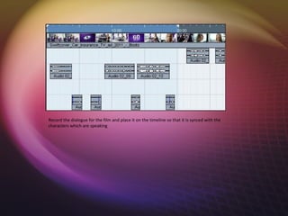 Record the dialogue for the film and place it on the timeline so that it is synced with the
characters which are speaking
 