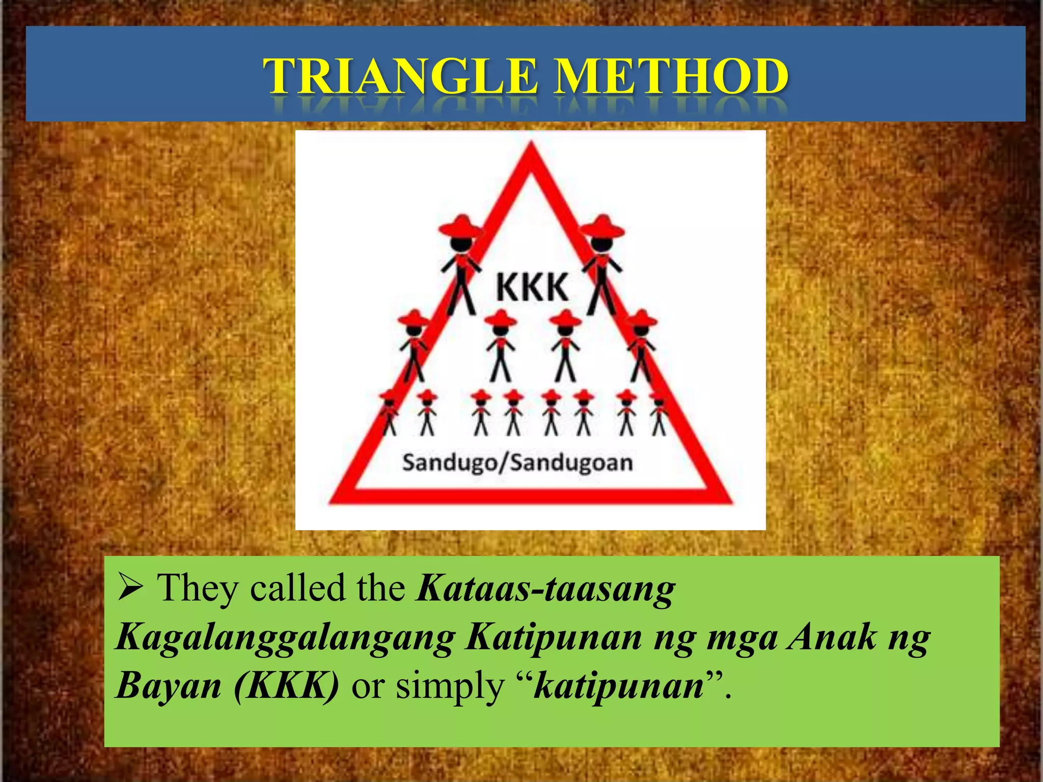 TRIANGLE METHOD




 They called the Kataas-taasang
Kagalanggalangang Katipunan ng mga Anak ng
Bayan (KKK) or simply “katipunan”.
 