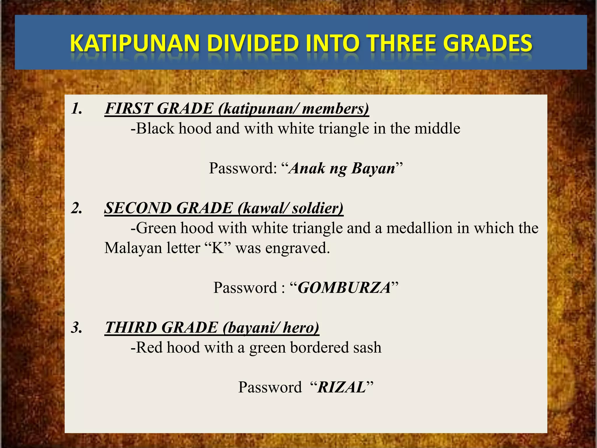 KATIPUNAN DIVIDED INTO THREE GRADES

1.   FIRST GRADE (katipunan/ members)
        -Black hood and with white triangle in the middle

                    Password: “Anak ng Bayan”

2.   SECOND GRADE (kawal/ soldier)
        -Green hood with white triangle and a medallion in which the
     Malayan letter “K” was engraved.

                    Password : “GOMBURZA”

3.   THIRD GRADE (bayani/ hero)
       -Red hood with a green bordered sash

                        Password “RIZAL”
 