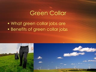 Green Collar What green collar jobs are Benefits of green collar jobs 
