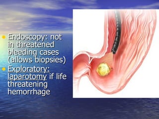 • Endoscopy: not
  in threatened
  bleeding cases
  (allows biopsies)
• Exploratory:
  laparotomy if life
  threatening
  hemorrhage
 