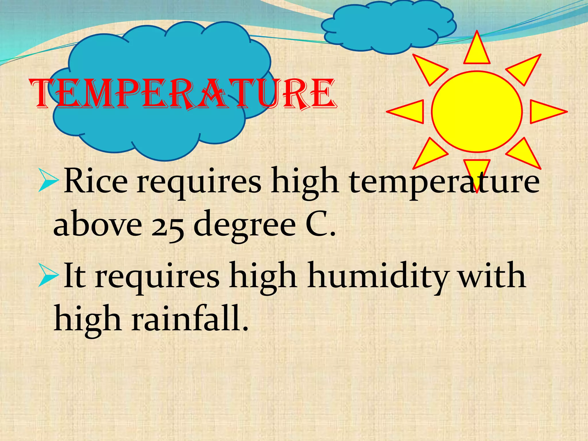 temperature
Rice requires high temperature
above 25 degree C.
It requires high humidity with
high rainfall.