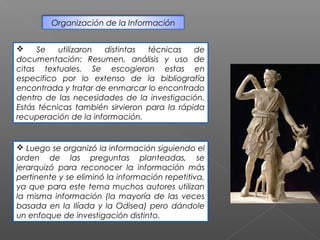 Organización de la Información


    Se    utilizaron distintas  técnicas    de
documentación: Resumen, análisis y uso de
citas textuales. Se escogieron estas en
especifico por lo extenso de la bibliografía
encontrada y tratar de enmarcar lo encontrado
dentro de las necesidades de la investigación.
Estás técnicas también sirvieron para la rápida
recuperación de la información.


 Luego se organizó la información siguiendo el
orden de las preguntas planteadas, se
jerarquizó para reconocer la información más
pertinente y se eliminó la información repetitiva,
ya que para este tema muchos autores utilizan
la misma información (la mayoría de las veces
basada en la Ilíada y la Odisea) pero dándole
un enfoque de investigación distinto.
 